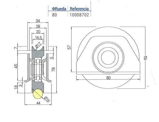 Esquema medidas rueda puerta corredera con soporte soldar 80 mm y canal 16 mm